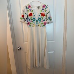 ASOS White dress size 4 V-neck and an accordion skirt & embroidered floral top.